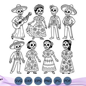 Może przedstawiać: Czarno-biała ilustracja ośmiu stylizowanych postaci szkieletów w tradycyjnych meksykańskich strojach. Niektóre postacie noszą sombreros, inne mają kwiatowe ozdoby. Jedna postać gra na gitarze. Obraz jest ilustracją cyfrową.