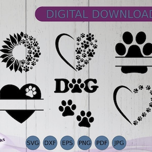 Hund Clipart SVG Bundle, Solros, Hjärta, Monogram Tass och Hjärta, Tassavtryck, Söta Husdjurssilhuetter, Cricut Designs & Crafts