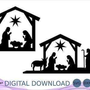 Scena Bożego Narodzenia SVG DXF EPS, Religijny prezent świąteczny, Ozdoba na Świętą Noc, Chrześcijańskie Clipart, Plik Cięty Laserowo, Frezarka CNC, Wzór