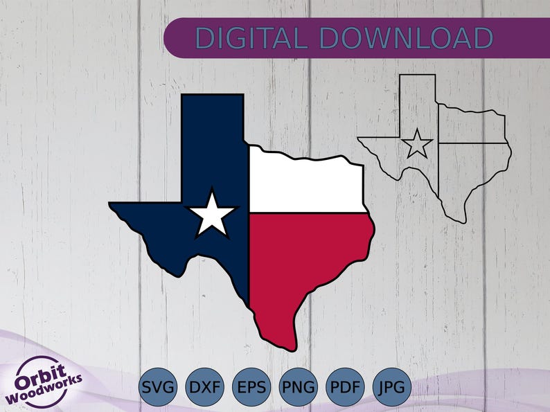 May include: Digital download graphic featuring the Texas state flag design. The design includes the Texas state outline in navy blue, white, and red, with a white star. The words "DIGITAL DOWNLOAD" are in a purple banner.