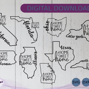 Les 50 États avec Home Sweet Home SVG DXF EPS, clipart États-Unis, décoration d'intérieur, cartes de l'Amérique, découpeuse au laser, panneau en bois, Cricut, Silhouette