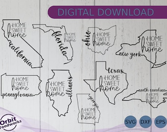 All 50 States with Home Sweet Home SVG DXF EPS, United States Clipart, Home Decor, America Maps, Laser Cutter, Wood Sign, Cricut, Silhouette