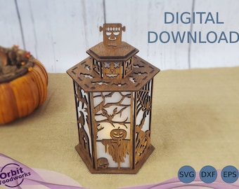 Halloween-lantaarn met deur, theelichtlamp, SVG DXF EPS-lasergesneden bestand, Spooky, tafellamp, Glowforge Svg, Cricut, digitale download