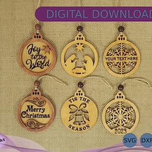 Christmas Ornament Bundle SVG DXF EPS, 6 Designs, Joy to the World, Merry Christmas, Holy Night, Laser Cutter File - Instant Download