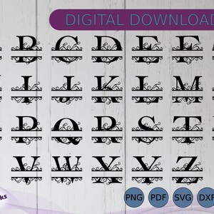 May include: A set of 26 alphabet letters with a decorative flourish design. Each letter is split in half with a horizontal line, allowing for a name or word to be added to the center.
