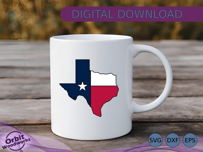 May include: White ceramic mug featuring the Texas state flag design. The flag is a split design with a blue section containing a white star, a white stripe, and a red stripe. The mug has a curved handle and the text "DIGITAL DOWNLOAD".