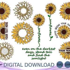 Paquete de girasoles SVG DXF EPS, cortador láser de flores, monograma Svg, clipart de flores, cita Svg, archivo de corte Cricut, silueta