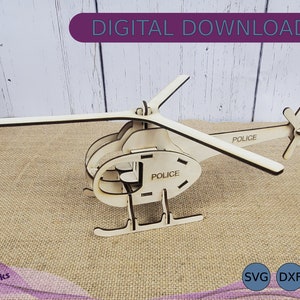 Rompecabezas 3D de helicóptero de madera, rompecabezas para niños, helicóptero policial, personal de primeros auxilios, formato de archivo SVG, DXF, EPS, descarga instantánea, archivo cortado con láser
