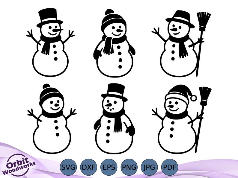May include: A collection of six black and white snowman illustrations. Each snowman has a different hat and scarf design. Some snowmen have brooms. The image includes the text "Orbit Woodworks" and file type icons.