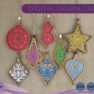 Bundle d&#39;ornements de Noël en couches DXF SVG EPS, 8 dessins de mandala, décoration de Noël, fichier de découpe laser, Glowforge - téléchargement immédiat