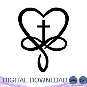 Cruz de corazón infinito SVG DXF EPS, cruz recortable, archivo de corte láser, enrutador CNC, símbolo religioso cristiano, silueta