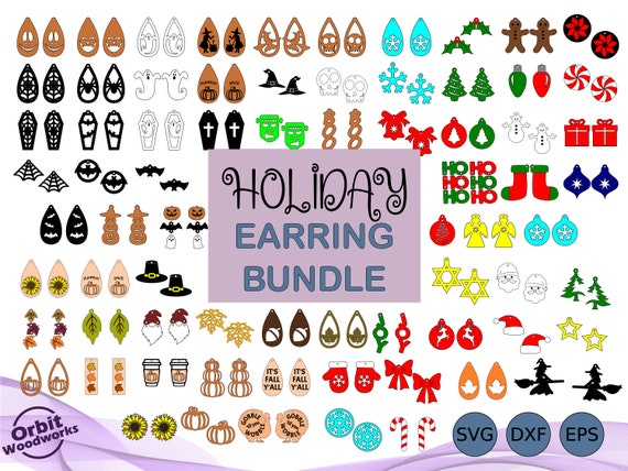 Holiday Dangle Earring SVG DXF EPS Bundle, Christmas, Fall, Halloween Jewelry, Earrings, Laser Cut File, Glowforge Svg, Cricut Earring File