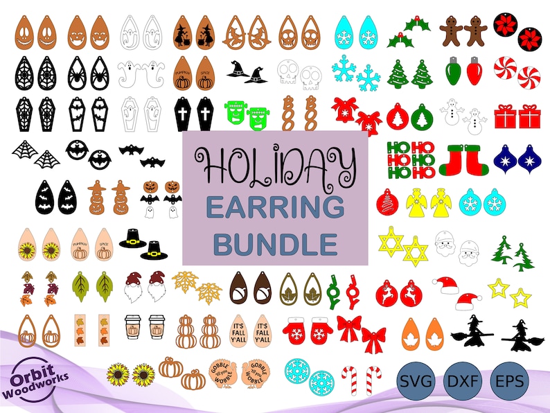 Holiday Dangle Earring SVG DXF EPS Bundle, Christmas, Fall, Halloween Jewelry, Earrings, Laser Cut File, Glowforge Svg, Cricut Earring File image 1