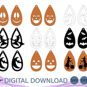 May include: Set of 12 Halloween-themed earring designs. The designs include a witch, a ghost, a skull, a bat, a crescent moon, and a jack-o-lantern. The earrings are available in black, white, and orange.