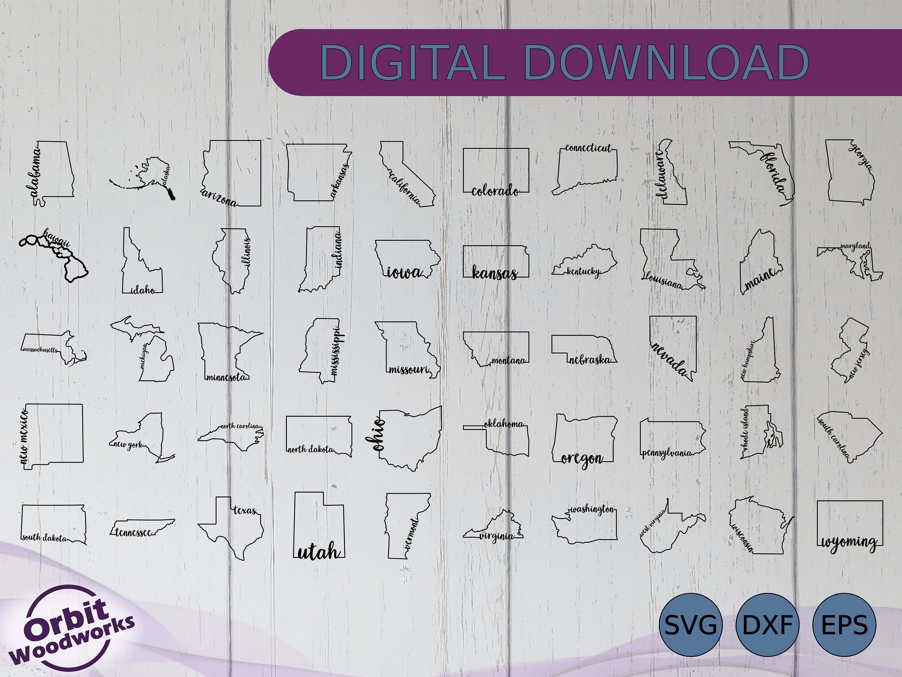 All 50 States With Names Bundle SVG DXF EPS, United States Clipart ...