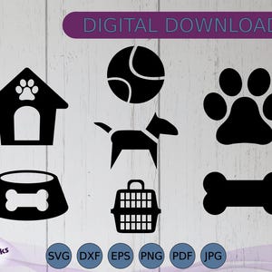 Lot de cliparts SVG chien, niche, patte d'animal, balle, bol, chenil, os, silhouettes mignonnes d'animal de compagnie, créations Cricut, téléchargement immédiat