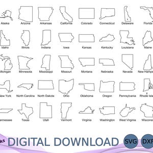 Paquete de contornos de los 50 estados SVG DXF EPS, imágenes prediseñadas de Estados Unidos, decoración del hogar, mapas de Estados Unidos, cortadora láser, letrero de madera, Cricut, silueta