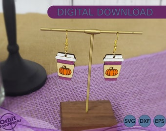 Pendiente colgante de café con especias de calabaza SVG DXF EPS, joyería de otoño, pendiente de lágrima, archivo cortado con láser, Glowforge SVG, archivo de pendiente Cricut