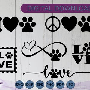 May include: Black graphic designs featuring dog-themed elements like paw prints, hearts, and the word "love." Includes a bone, peace sign, and infinity symbol with a paw print. The words "DIGITAL DOWNLOAD" are at the top.