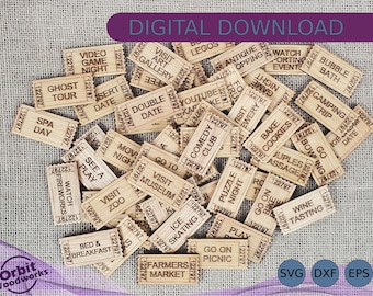 May include: A collection of wooden tickets with various activities and events written on them, such as "Visit Zoo", "Go to Museum", "Comedy Club", "Camping Trip", "Ice Skating", "Farmers Market", "Puzzle Night", "Wine Tasting", and "Go On Picnic".