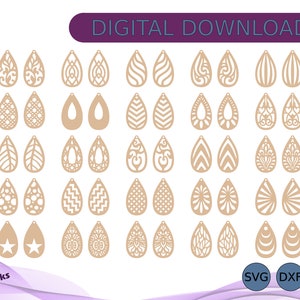 Brinco pendente em formato de lágrima SVG DXF EPS, joia de madeira, brinco de couro Cricut, lima cortada a laser, Glowforge SVG, conjunto com 25 designs