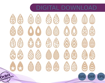 Dangle Teardrop Earring SVG DXF EPS Bundle, Wooden Jewelry, Cricut Leather Earring, Laser Cut File, Glowforge Svg, Set of 25 Designs