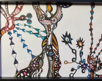ORIGINAL drawing on A6 paper, Indian and Shimmering Ink, Modern wall art,  wall décor, abstract art, 148 x 105 mm, signed and framed