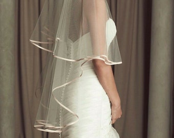 Classic Fingertip Satin Edge 2 Tier, Two Tier 28"/42" Wedding Veil White, Off White, Diamond White, Light Ivory, Champaign UK