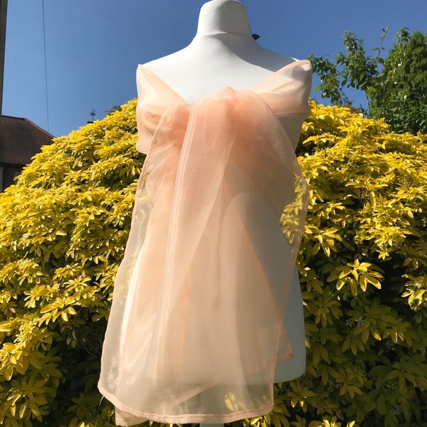 Light Peach Organza Shawl, Stole, Shrug, Bolero Wrap, Wedding, Bridal, Bridesmaid, Party, Prom Size 19''x78'' Elegant Accessory UK