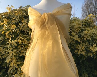 Soft Light Gold Organza Shawl, Scarf Stole, Shrug, Bolero Wrap,Bridesmaid, Prom, Party, Evening, Size 19''x78'' Elegant Accessory UK