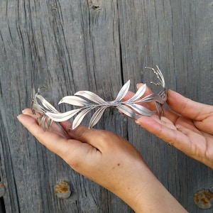 Goddess bridal crown with olive leaves perfect as a halo tiara or Roman headband. Multiposition Silver wedding headpiece. Laurel Wreath.