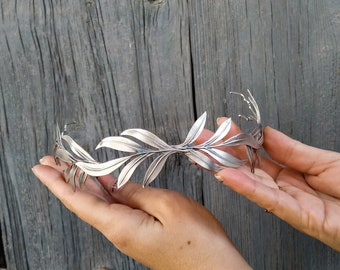 Goddess bridal crown with olive leaves perfect as a halo tiara or Roman headband. Multiposition Silver wedding headpiece. Laurel Wreath.