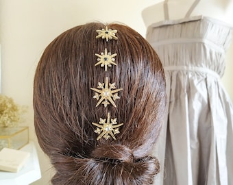 Set of 4 Celestial Art deco bridal hair pins, Boho star wedding headpiece, Crystal sparkly bohemian hair comb set, Bridal hair jewelry set