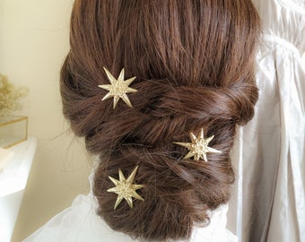 North Star bridal hair pins set of 3, Romantic celestial bridal headpiece for a boho wedding, Personalized Bridsmaids hair accessories