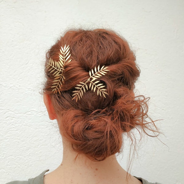 Fern Gold leaf hair pins for boho wedding, Gold leaf bridal headpiece, Botanical bridal hair pins, Boho hair pins set, hair jewelry, hairpin