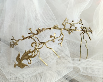 Branch Bridal headpiece. Gold bird on twigs hair comb perfect for an edgy bride. Wedding back crown. Hair jewelry. Silver Wild branch tiara.