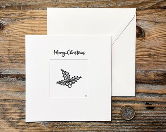 Carte d'art de Noël - noir et blanc - dessin de houx de Noël, carte carrée 5 x 5"