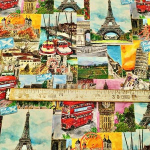 Tissu sur le thème du voyage | Monuments de Paris Londres Italie | Big Ben, tour Eiffel, bus à impériale | Matériel de décoration d'intérieur à coudre pour courtepointe et bricolage