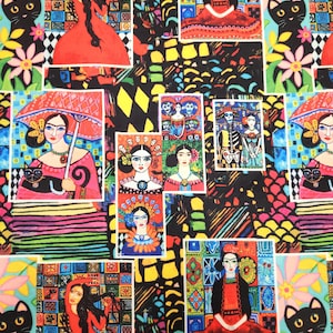 Vibrant Artistic Printed Fabric – Bold Colorful Pattern with Frida-Inspired Art, Ideal for Sewing, Upholstery Crafts, Mexican Folk Art Style