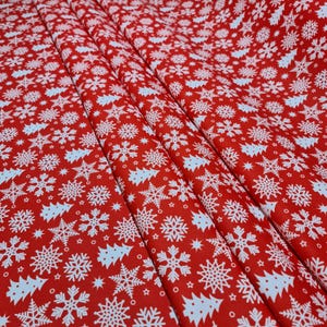 Red Christmas Fabric: White Snowflakes and Trees, Holiday Quilting