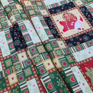Christmas Santa Fabric by the Yard - Festive Patchwork Design with Santa, Christmas Trees, and Hearts for Quilting, Crafts - Holiday Decor