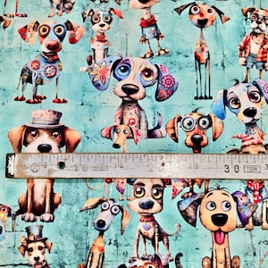 Funny Dog Print Fabric | Colorful Cartoon Puppy Pattern | DIY Quilting, Upholstery, Crafts, Home Decor, Pet Accessories, Cute Design