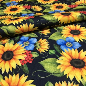 Sunflower Fabric by the Yard – Black Background, Yellow Sunflowers, Blue Flowers, and Red Berries – Ideal for Quilting, Sewing, and Crafts