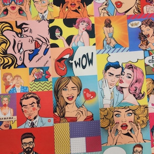 Vibrant Pop Art Comic Fabric, Retro Cartoon Characters Print, Colorful Material for DIY Sewing, Quilting, Craft Projects and Upholstery