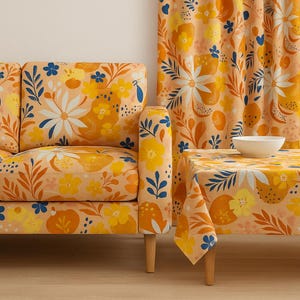 Retro Floral Print Fabric: Orange, Yellow & Blue Abstract Flowers - By The Yard