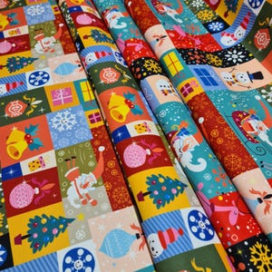 Santa Christmas Fabric by the Yard - Festive Holiday Quilt, Craft - Sewing Material with Snowman, Gifts, and Tree Designs - Colorful Print