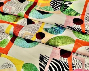 Abstract Geometric Fabric: Modern Green, Pink & Yellow Print - Microfiber