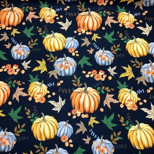 Pumpkin Fabric: Autumn Leaves Pattern, Navy Blue Microfiber