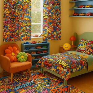 Kleurrijk komisch boompop-artpatroon – Heldere cartoon explosiedrukstof voor creatief knutselen, kinderkamerdecoratie, bekleding, kostuums