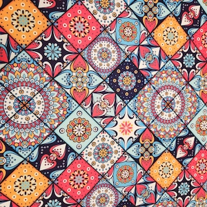 Bright Bohemian Fabric, Colorful Mandala Patterns, Crafts Material, Upholstery Fabric, Sewing Supplies, Folk Art Textile, Home Decor Fabric